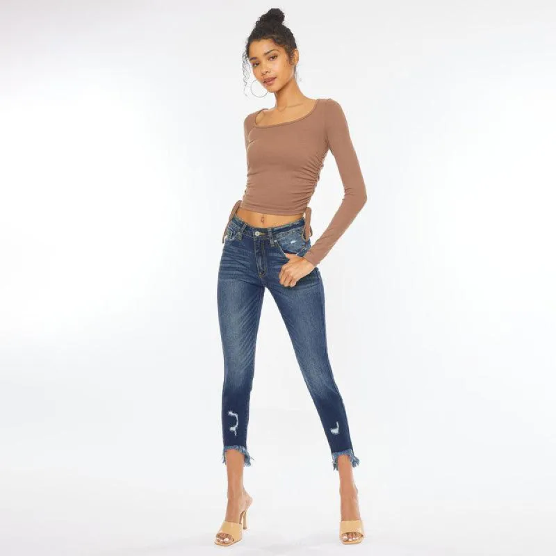 Women's Dark Blue High-Rise Hem Detail Ankle Skinny Jeans sold by BOLD elements