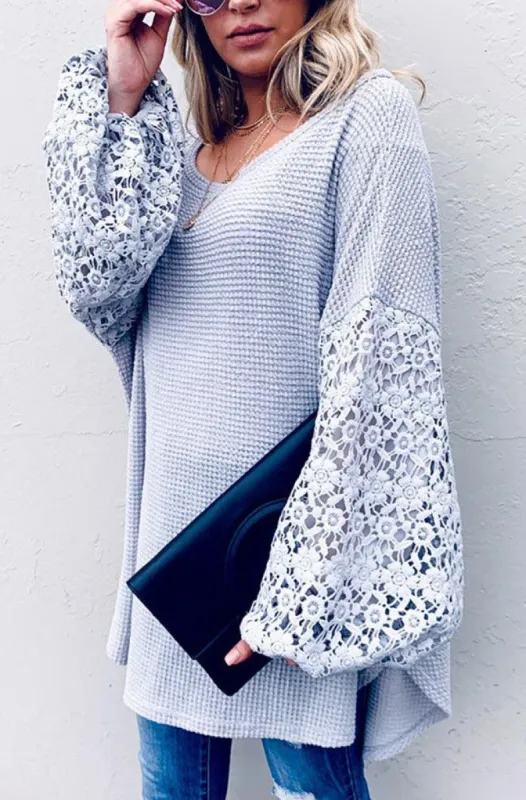 Floral Lace Balloon Sleeve Textured Knit Top sold by BOLD elements