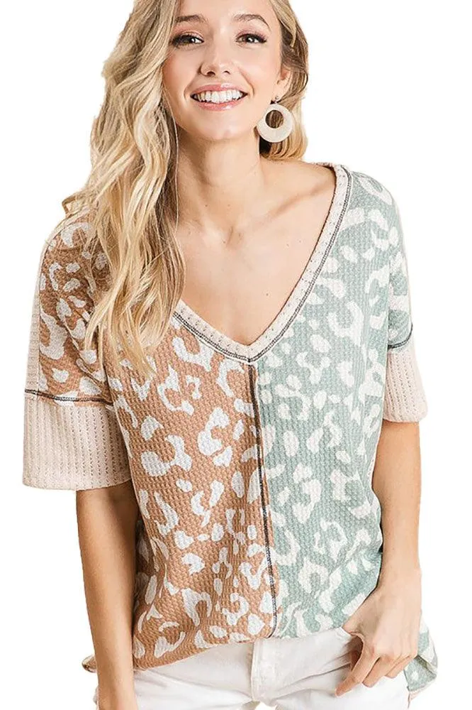 Women Leopard Pointelle Knit V-Neck Top sold by BOLD elements