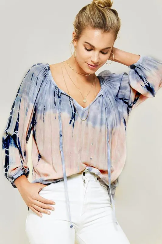 Women Tie-Dye Plunging Neckline Cuff Sleeve Top sold by BOLD elements