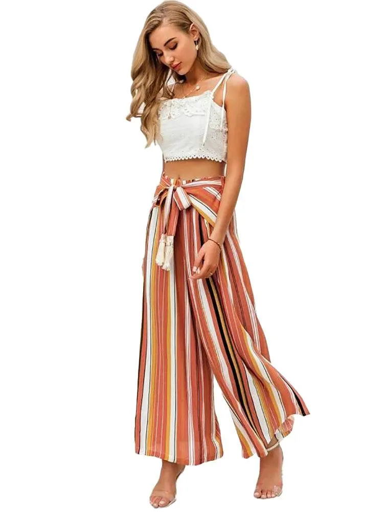 Women Fringe Belted Wide Leg Striped Pants sold by BOLD elements