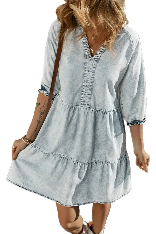 Blue Acid Wash Patchwork Denim Fit & Flare Midi Dress for Women - Retro Style sold by BOLD elements