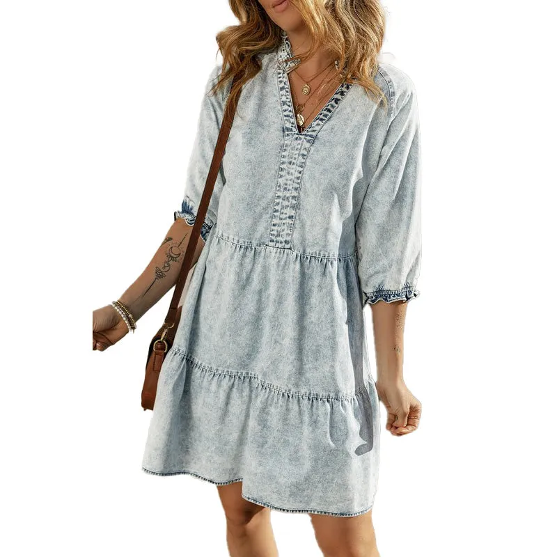 Blue Acid Wash Patchwork Denim Fit & Flare Midi Dress for Women - Retro Style sold by BOLD elements product image thumbnail 3