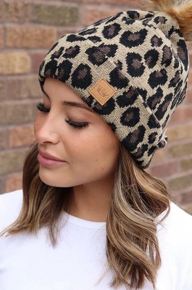 Women's Soft Leopard Knit Cute Pom Pom Beanie sold by BOLD elements