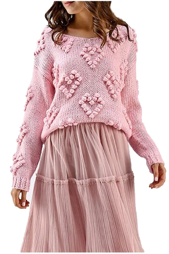 Women's Soft Pink Fall Loose Fitting Knit Heart Bauble Sweater sold by BOLD elements