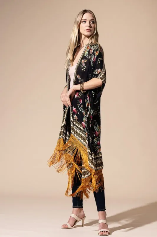 Floral Kimono with Fringe Detail – Elegant Bohemian Cardigan for Women sold by BOLD elements