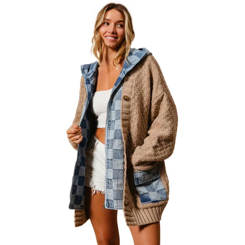 Knitted Hooded Cardigan with Denim Accents – Cozy and Trendy Women's Outerwear sold by BOLD elements