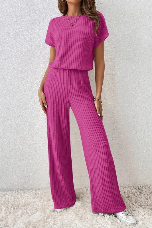 Solid Color Ribbed Short Sleeve Jumpsuit with Wide Legs - Versatile Women's Fashion sold by BOLD elements product image thumbnail 2