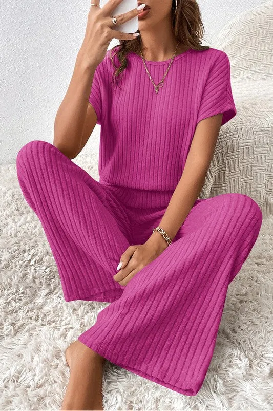 Solid Color Ribbed Short Sleeve Jumpsuit with Wide Legs - Versatile Women's Fashion sold by BOLD elements product image thumbnail 4