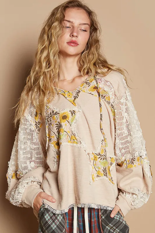 V-Neck Balloon Sleeve Relaxed Fit Hoodie Top With Textured Knit, Lace Patch, Star Patch, Vintage Wash sold by BOLD elements