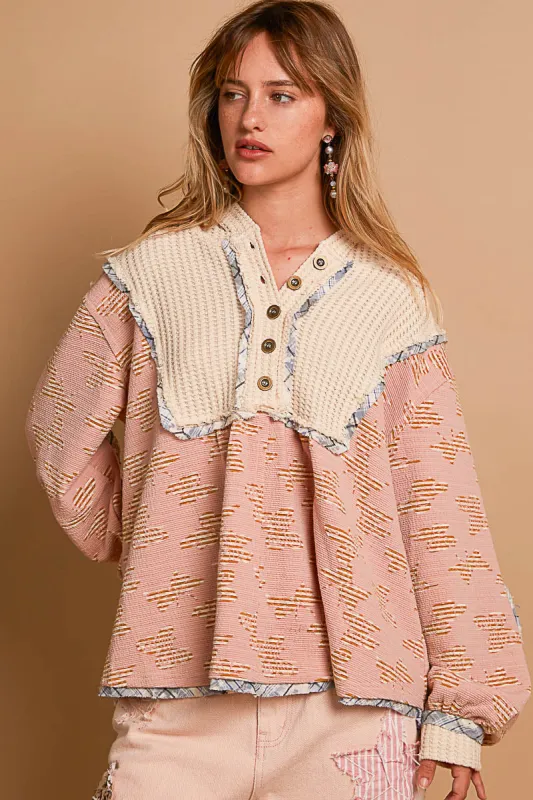 Hooded Balloon Sleeve Top in Printed Knit with Roomy Fit and Chic Plaid Trim Detail sold by BOLD elements