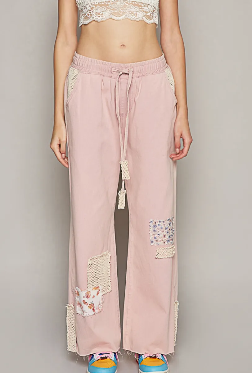 Rose Pink Denim Pants with Crochet Patch & Side Slit sold by BOLD elements product image thumbnail 2