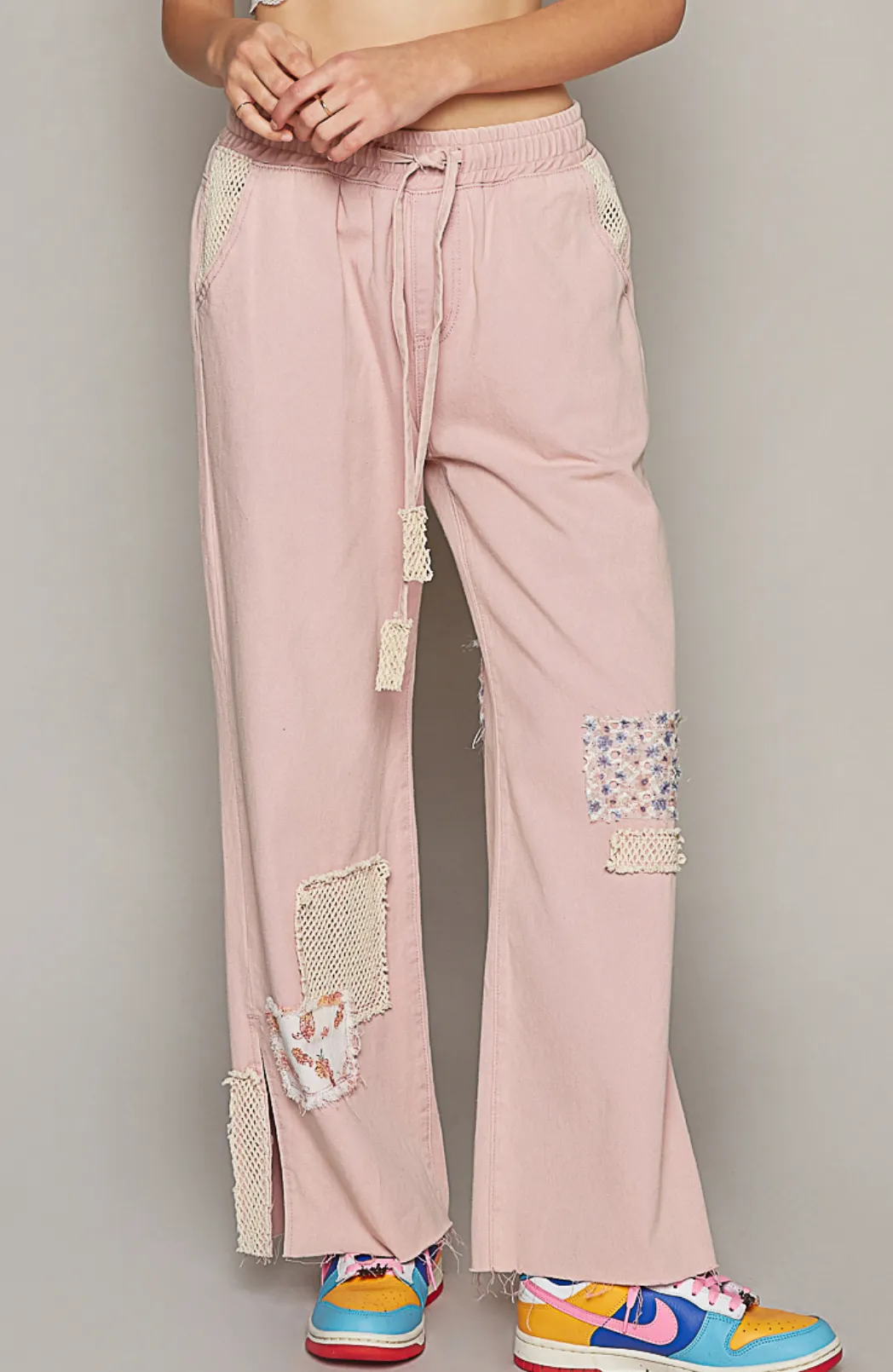 Rose Pink Denim Pants with Crochet Patch & Side Slit sold by BOLD elements