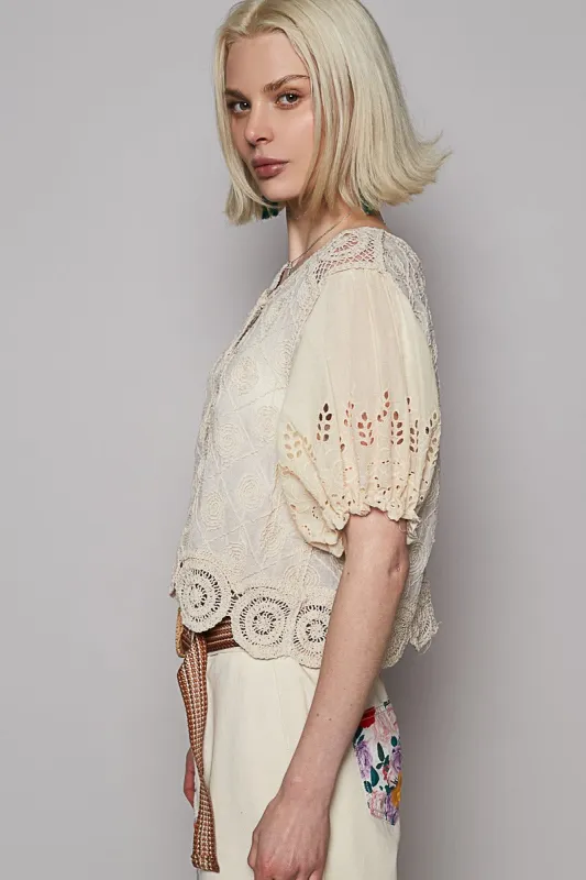 Natural Crochet Balloon Sleeve Cardigan sold by BOLD elements