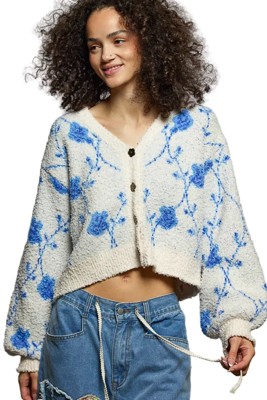 V-Neck Cropped Cardigan with Balloon Sleeves sold by BOLD elements