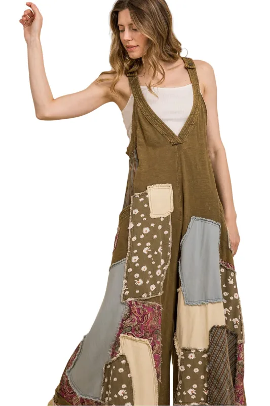 Patched Deep V-Neck Wide Leg Jumpsuit sold by BOLD elements