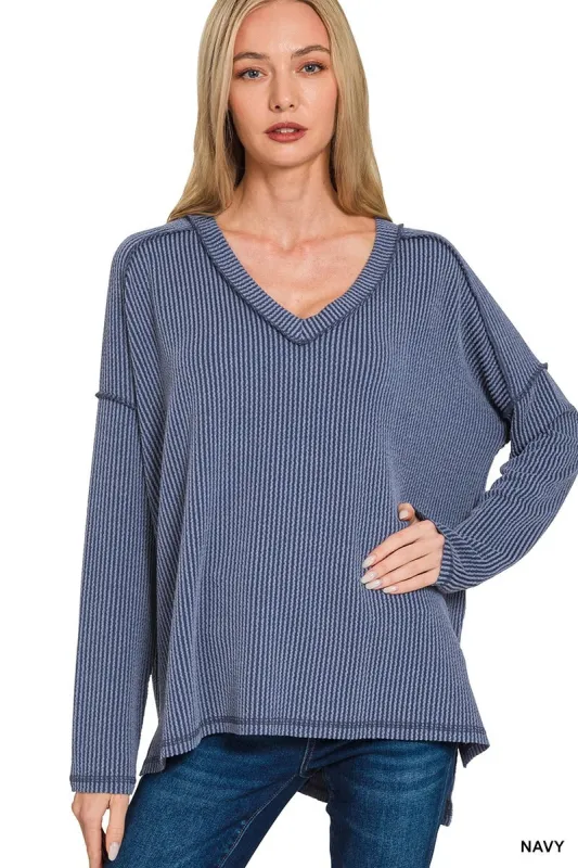 Corded Rib Long Sleeve Hi-Low V-neck Top sold by BOLD elements