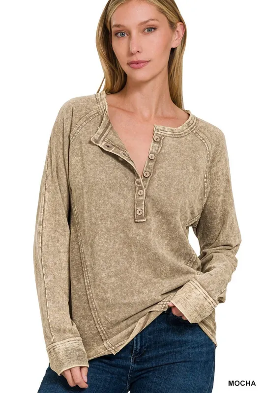Washed French Terry Button Henley Raglan Top sold by BOLD elements