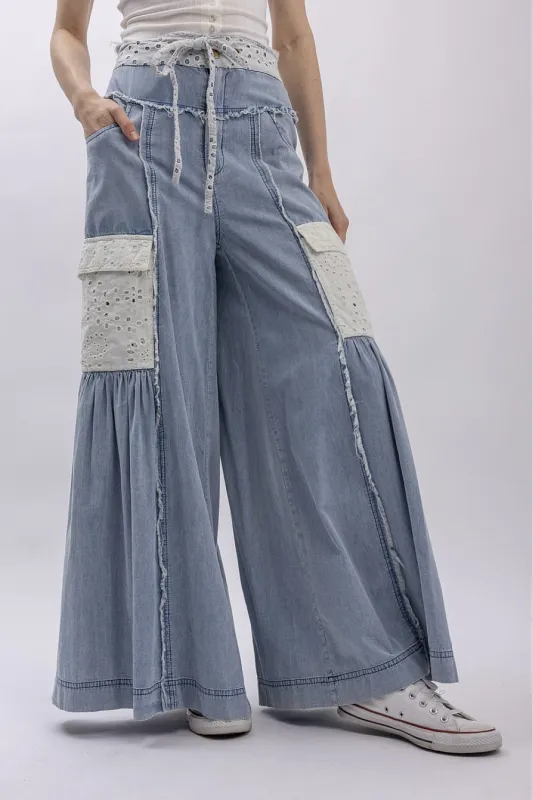 High Waist Ruffled Wide Leg Pants - Denim Blue with Eyelet Pocket Detail sold by BOLD elements