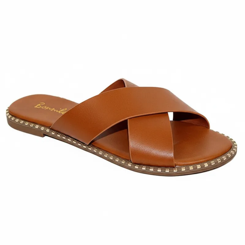 Tan Crisscross Slide Sandals with Studded Detail sold by BOLD elements