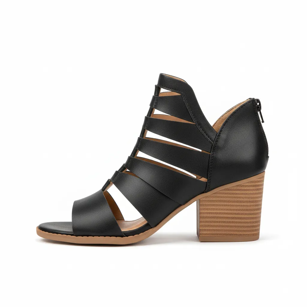 Black Strappy Caged Open Toe Block Heel Booties sold by BOLD elements