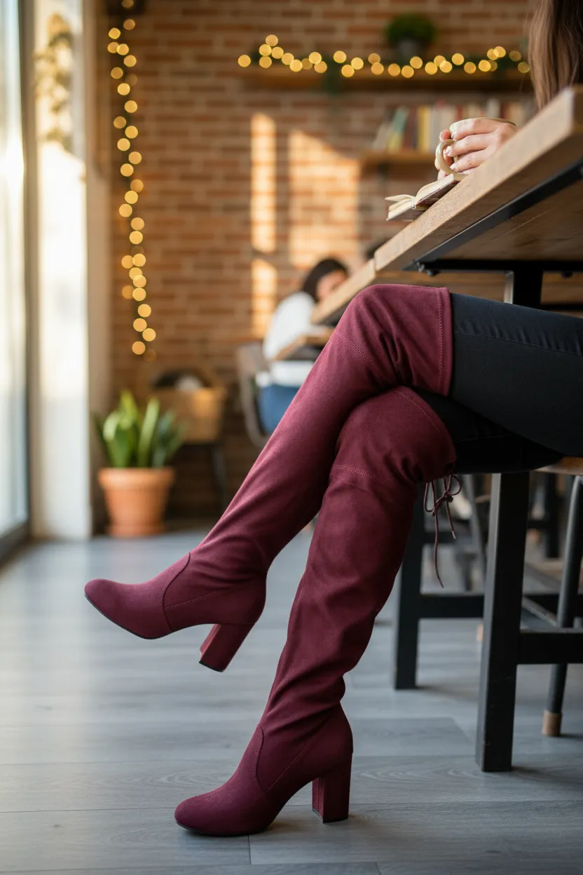 Women's Burgundy Over-The-Knee Boots with Lace-Up Back Detail sold by BOLD elements product image thumbnail 3