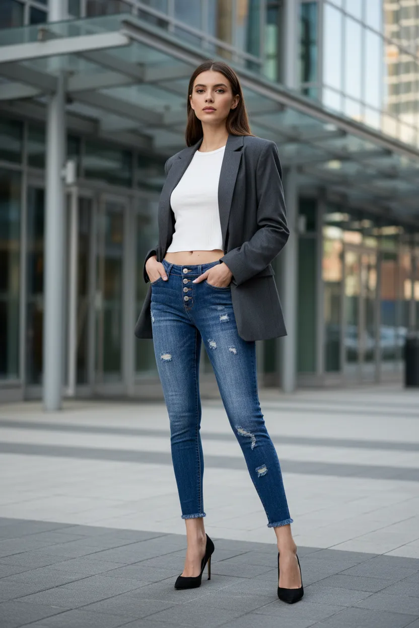 Distressed Mid-Rise Button Fly Ankle Skinny Jeans sold by BOLD elements product image thumbnail 3