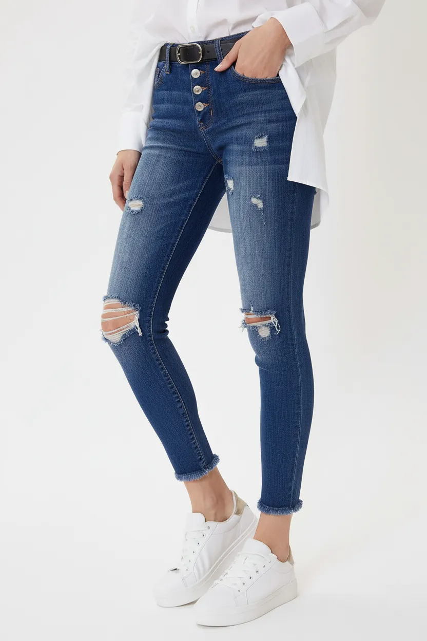 Distressed Mid-Rise Button Fly Ankle Skinny Jeans sold by BOLD elements product image thumbnail 4