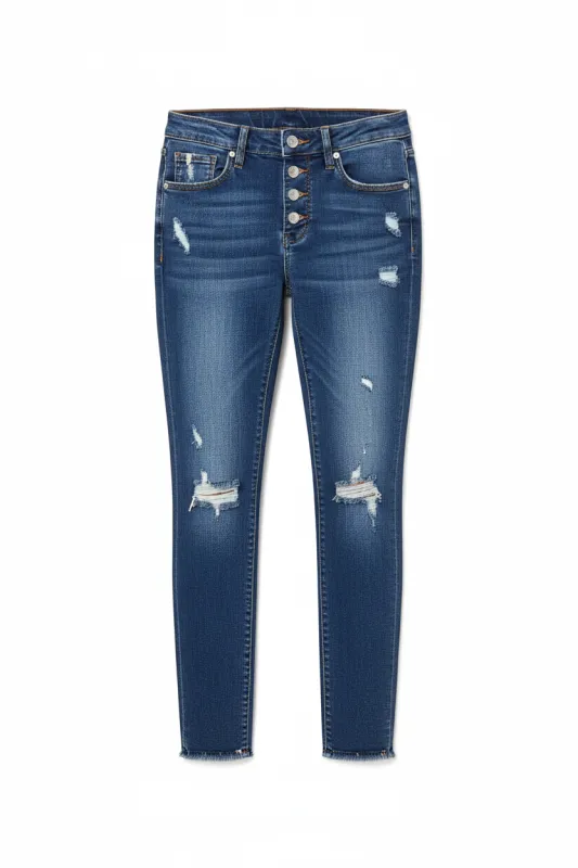 Distressed Mid-Rise Button Fly Ankle Skinny Jeans sold by BOLD elements
