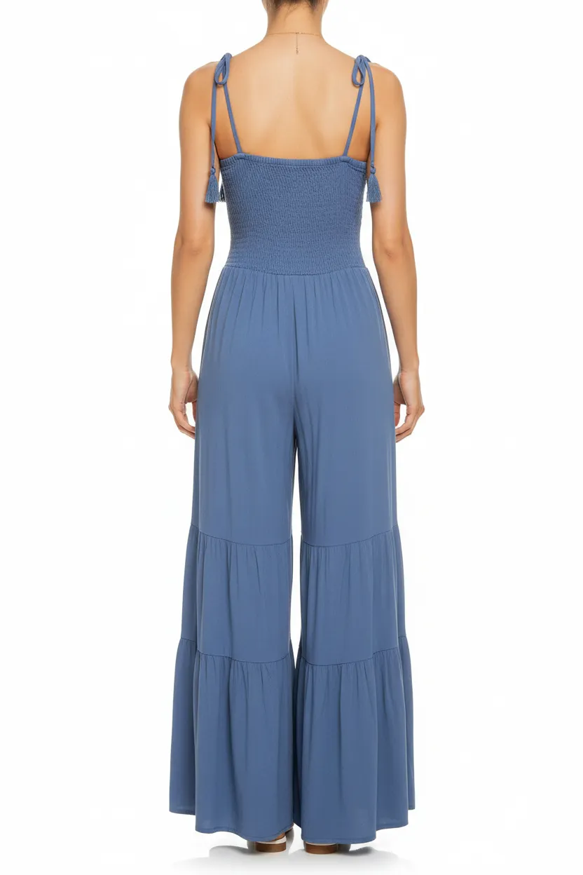 Smocked Tie-Strap Wide-Leg Ruffle Jumpsuit sold by BOLD elements product image thumbnail 5