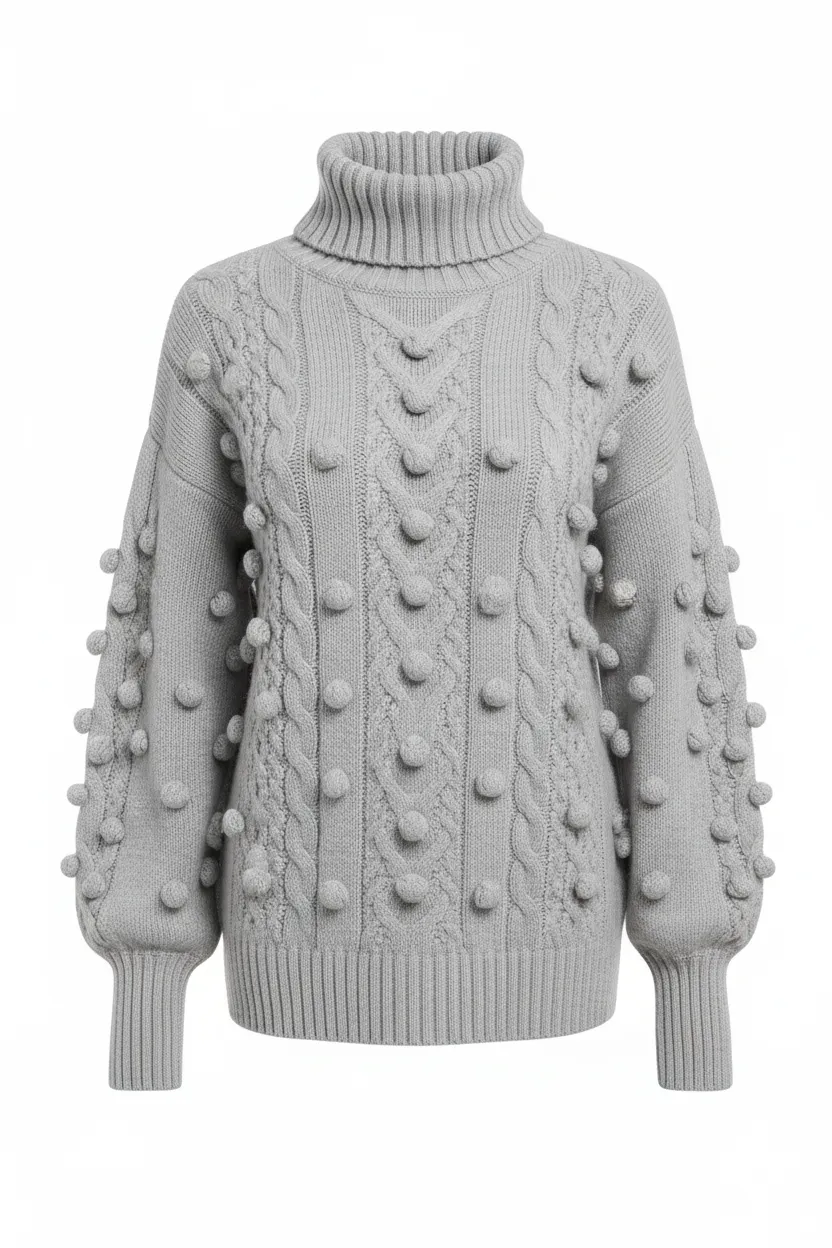Mazik Turtleneck Pom-Pom Cable Knit Sweater sold by BOLD elements product image thumbnail 5