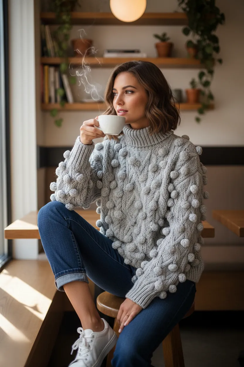 Mazik Turtleneck Pom-Pom Cable Knit Sweater sold by BOLD elements product image thumbnail 2