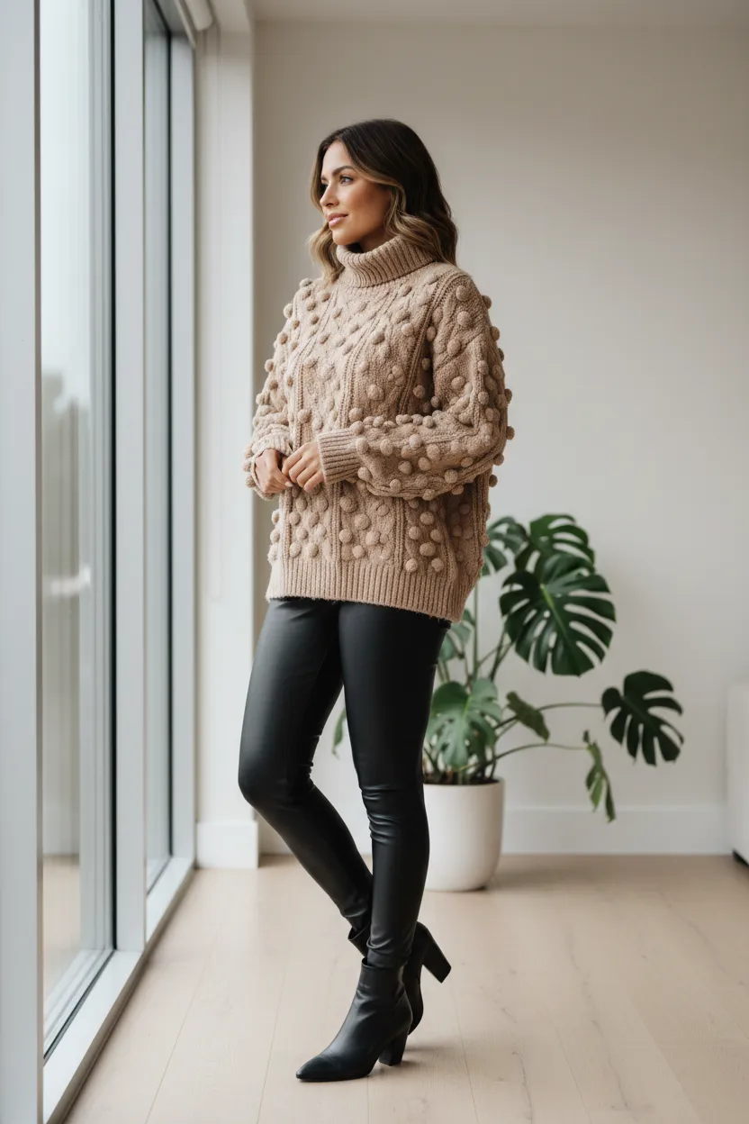 Mazik Turtleneck Pom-Pom Cable Knit Sweater sold by BOLD elements product image thumbnail 4