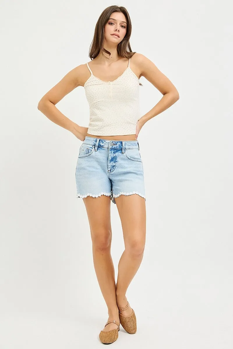 Risen Jeans Mid-Rise Floral Lace-Hem Denim Shorts sold by BOLD elements product image thumbnail 5
