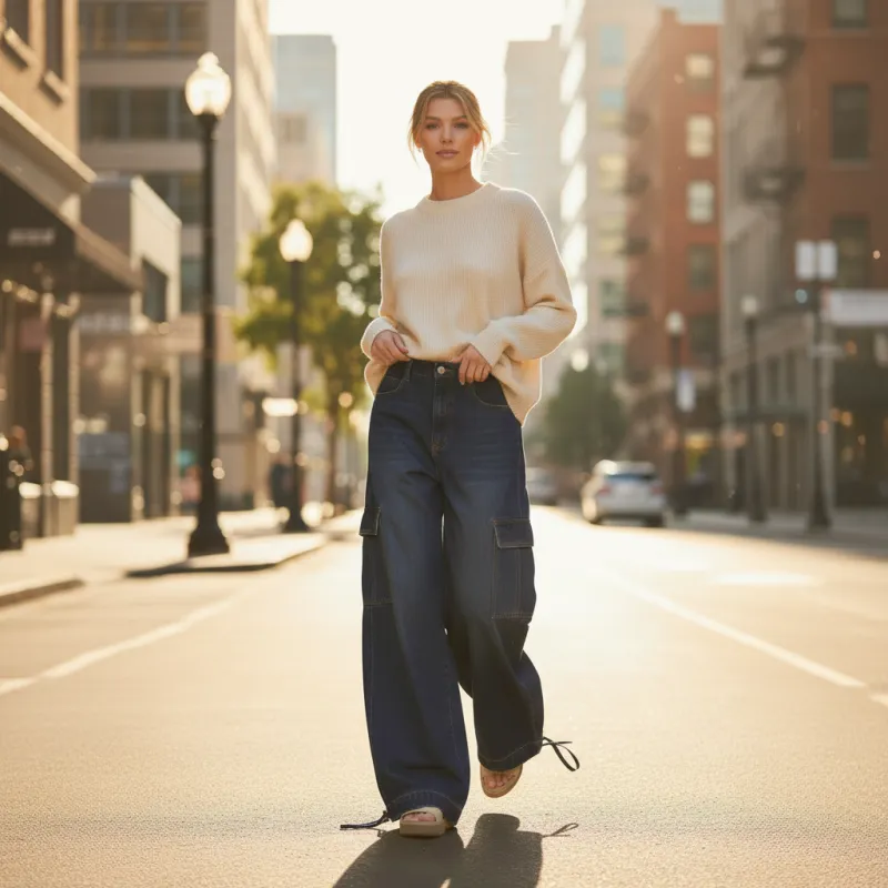 Wide Leg Cargo Denim Pants with Ankle Drawstring – Veveret made by Veveret