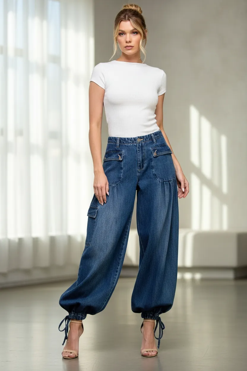 Wide Leg Cargo Denim Pants with Ankle Drawstring – Veveret sold by BOLD elements product image thumbnail 3