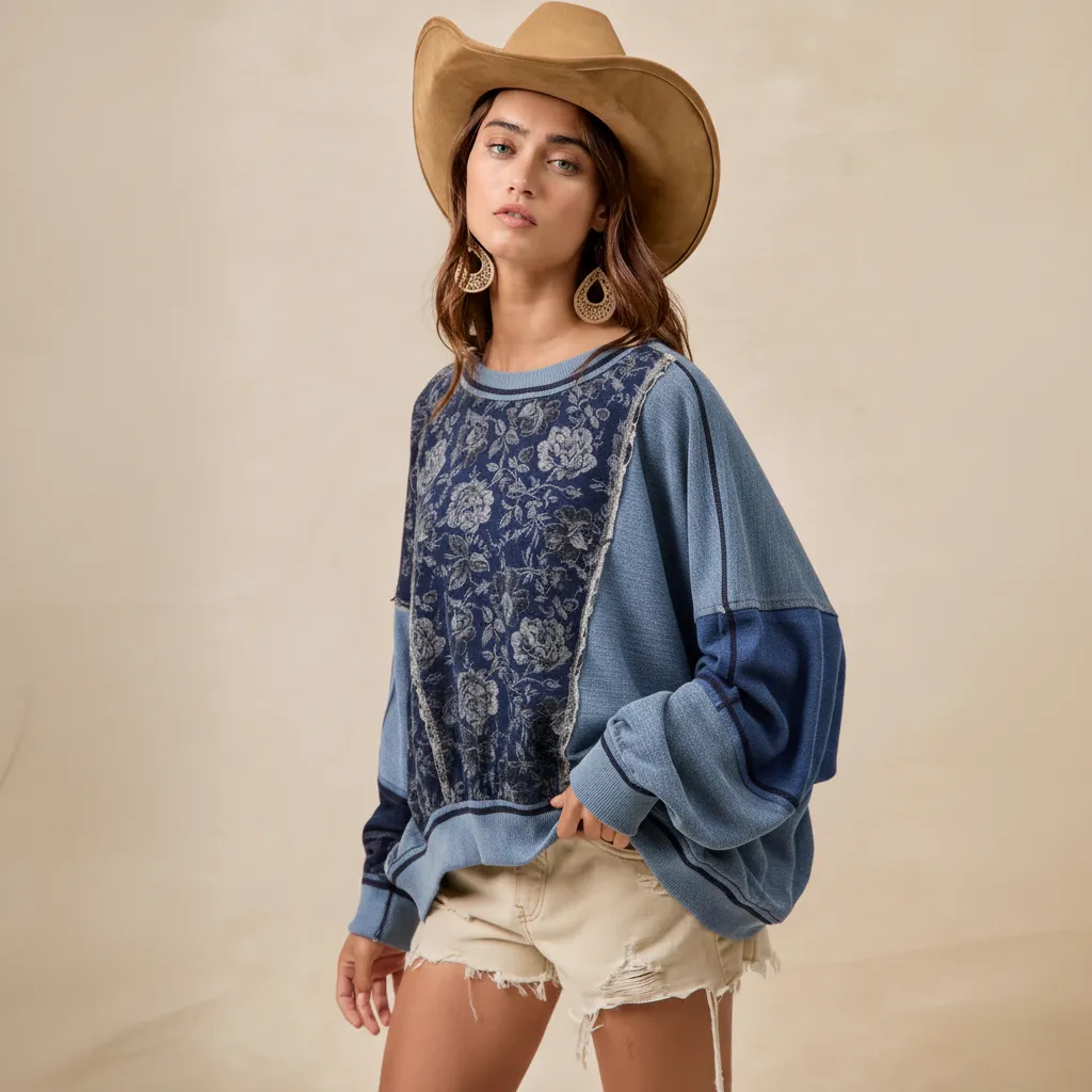Colorblock Stripe Mix Top with Floral Print Panel – BIBI Clothing sold by BOLD elements product image thumbnail 2