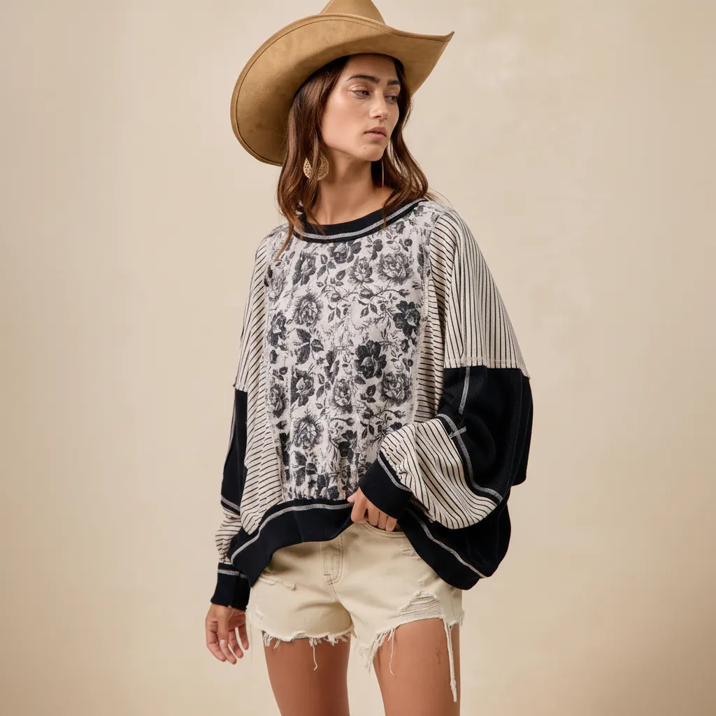 Colorblock Stripe Mix Top with Floral Print Panel – BIBI Clothing sold by BOLD elements