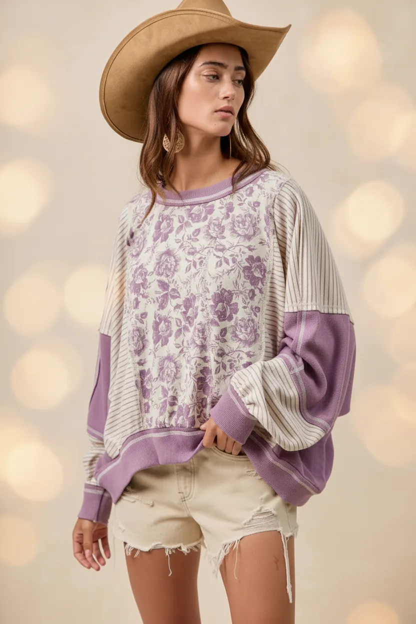 Colorblock Stripe Mix Top with Floral Print Panel – BIBI Clothing sold by BOLD elements product image thumbnail 4