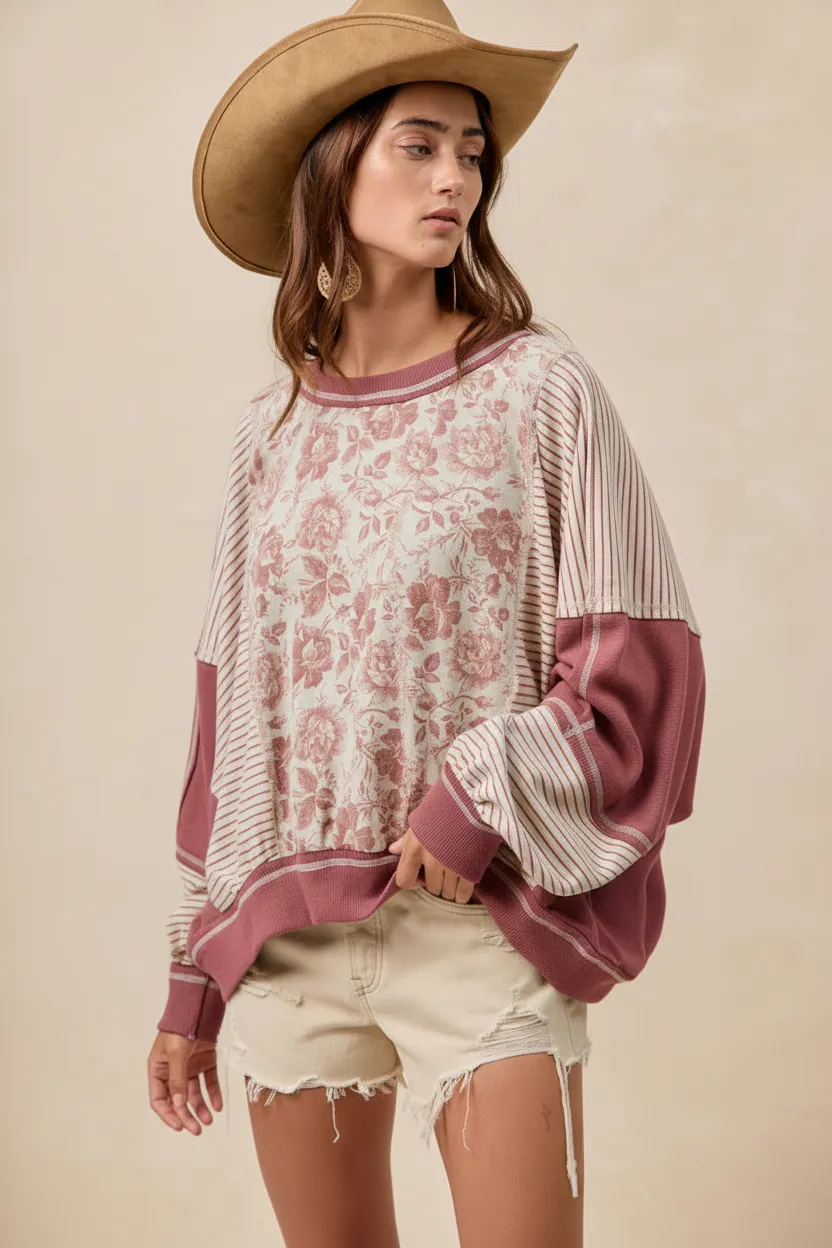 Colorblock Stripe Mix Top with Floral Print Panel – BIBI Clothing sold by BOLD elements product image thumbnail 3