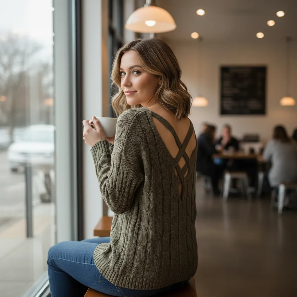 Cable-Knit Sweater with Criss-Cross Lace-Up Back sold by BOLD elements