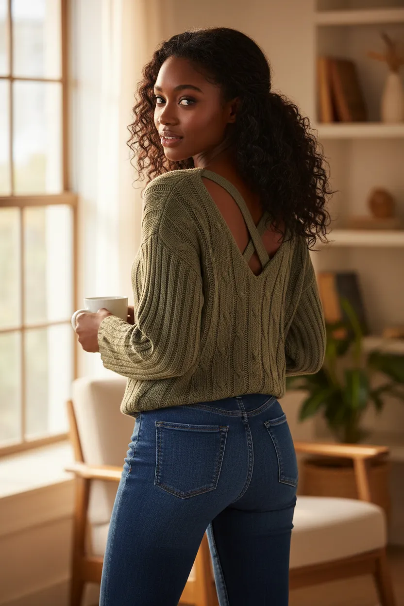 Cable-Knit Sweater with Criss-Cross Lace-Up Back sold by BOLD elements product image thumbnail 3