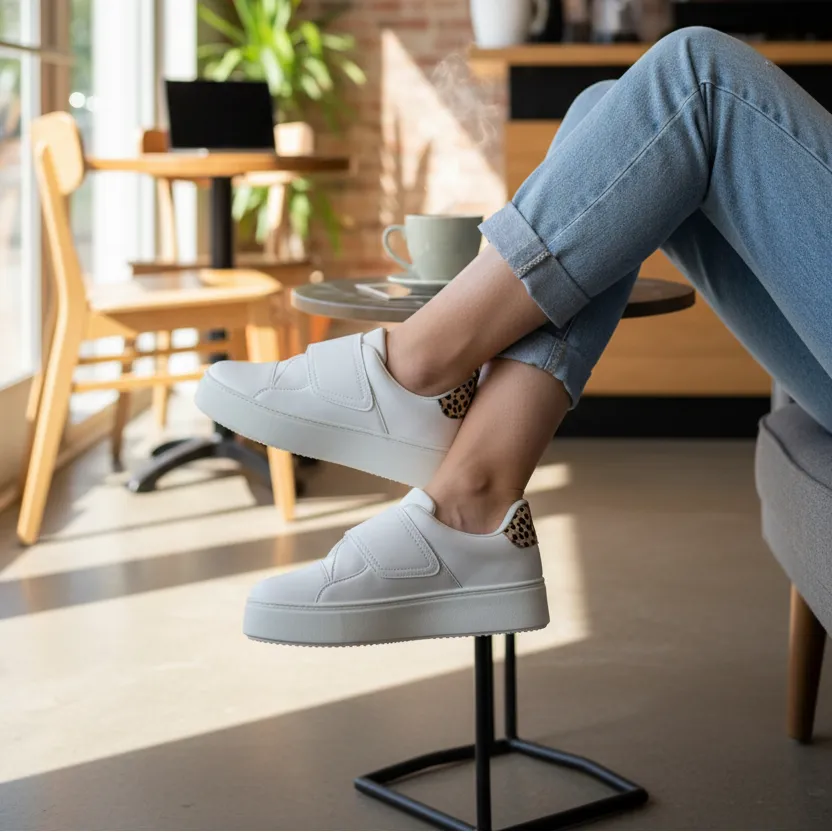 White Faux Leather Platform Sneakers with Leopard Print Heel sold by BOLD elements