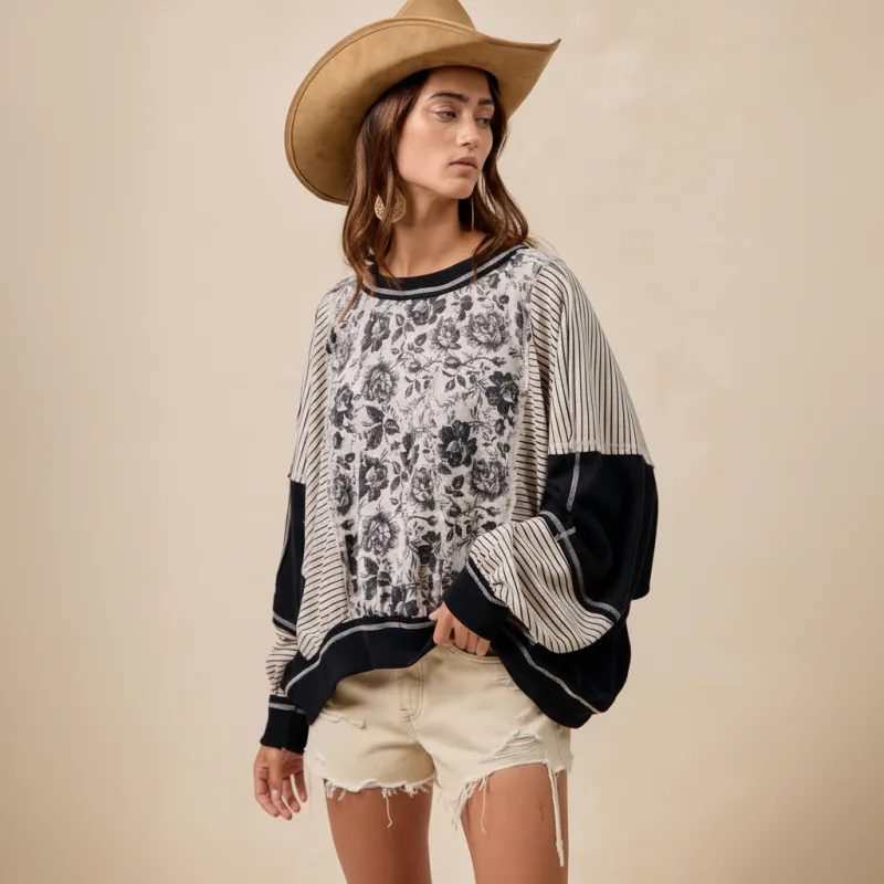 Bibi Colorblock Stripe Floral Panel Oversized Sweater Top made by BiBi