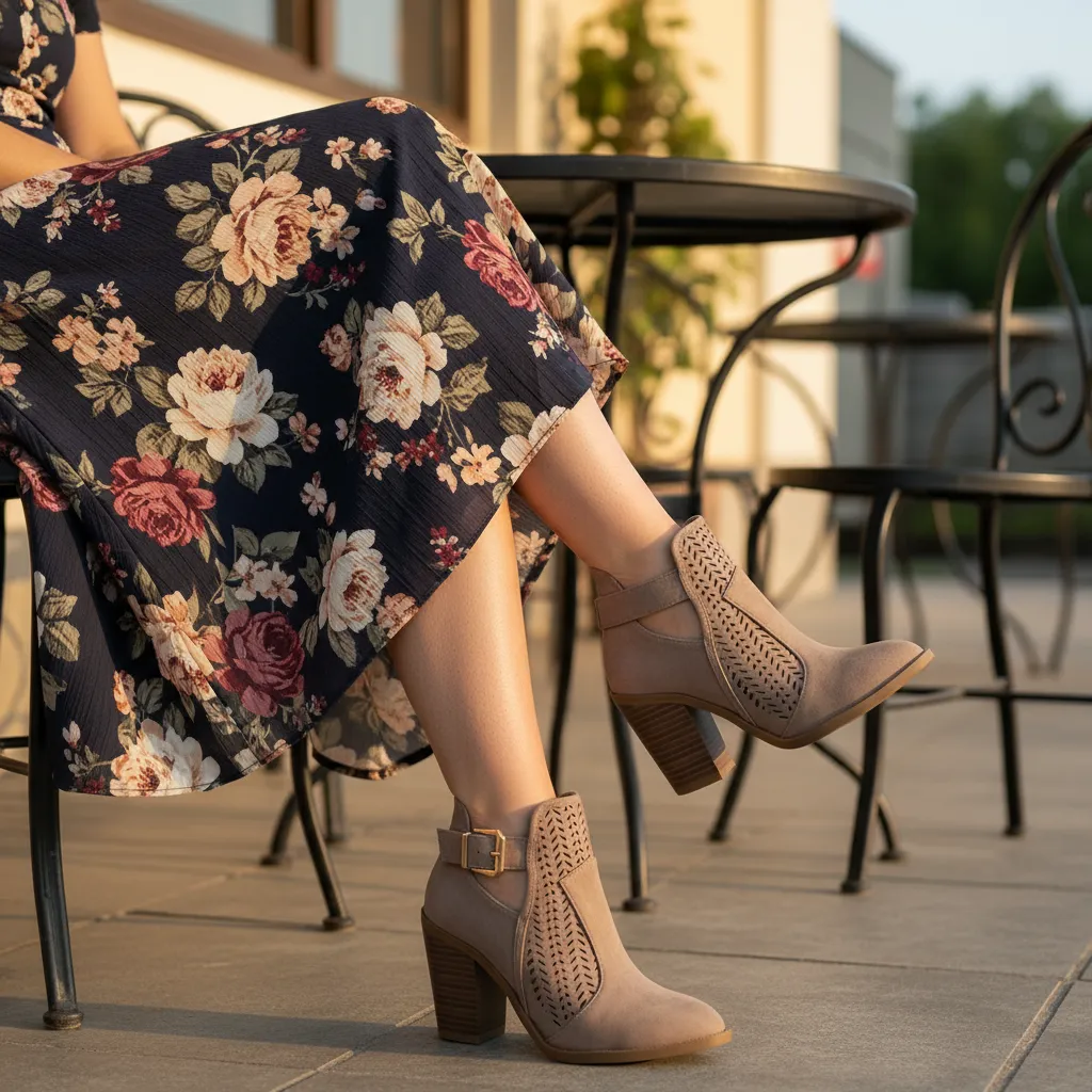 Perforated Faux Suede Ankle Booties | Gold Buckle Block Heel | Khaki sold by BOLD elements product image thumbnail 2