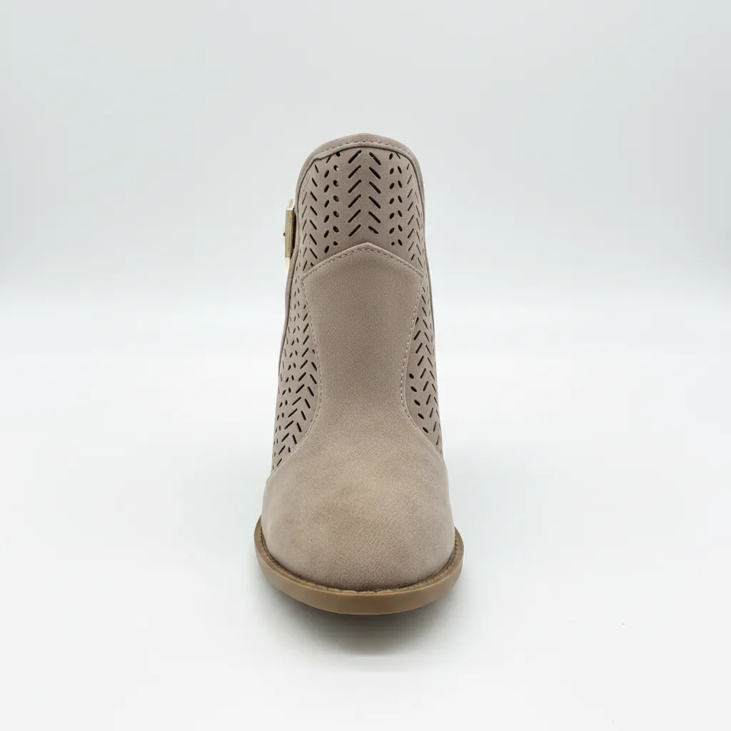 Perforated Faux Suede Ankle Booties | Gold Buckle Block Heel | Khaki sold by BOLD elements product image thumbnail 3