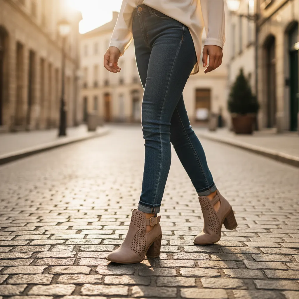 Perforated Faux Suede Ankle Booties | Gold Buckle Block Heel | Khaki sold by BOLD elements