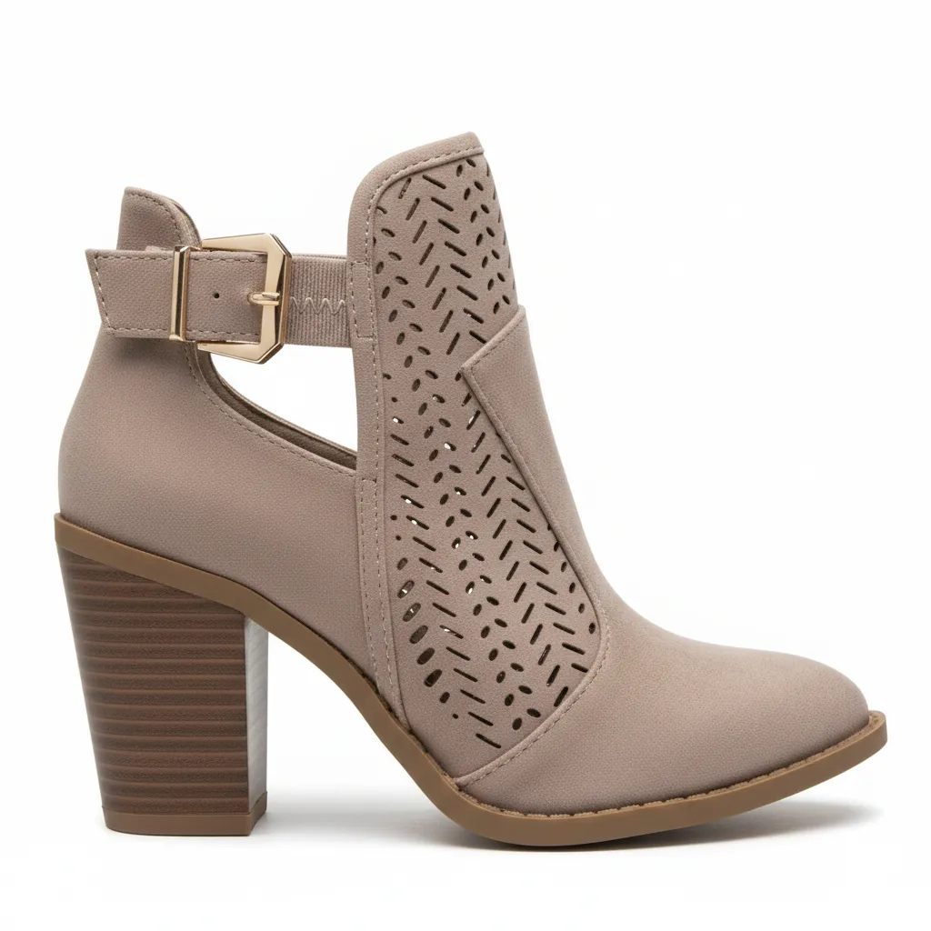 Perforated Faux Suede Ankle Booties | Gold Buckle Block Heel | Khaki sold by BOLD elements product image thumbnail 4