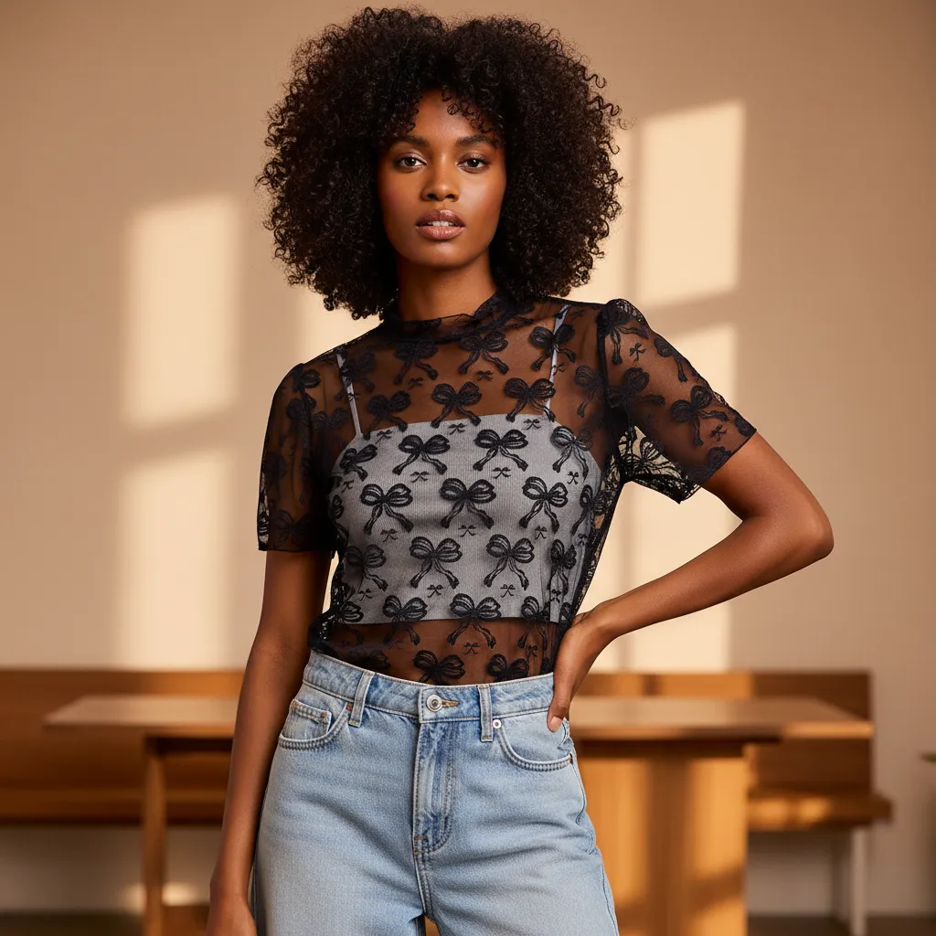 Bow Embroidered Mesh Top | High Neck Sheer Layering Top sold by BOLD elements product image thumbnail 2