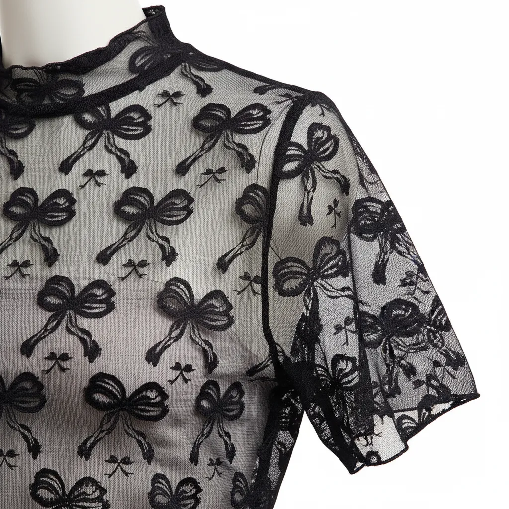 Bow Embroidered Mesh Top | High Neck Sheer Layering Top sold by BOLD elements product image thumbnail 5